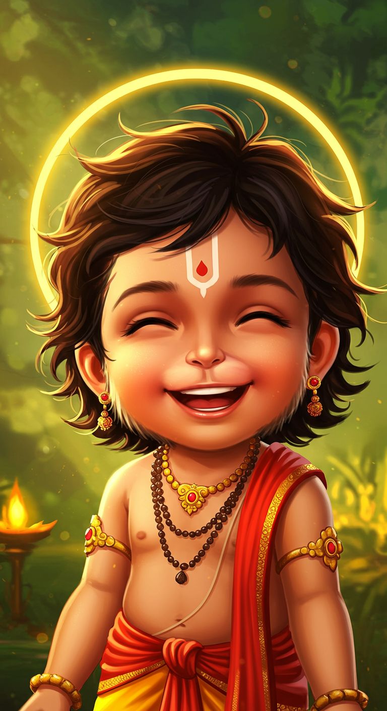 Smiling Bal Hanuman in Forest Divine Aura Artwork