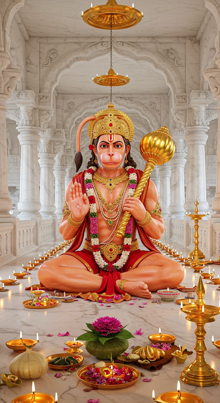 Lord Hanuman Sitting in Temple with Diyas