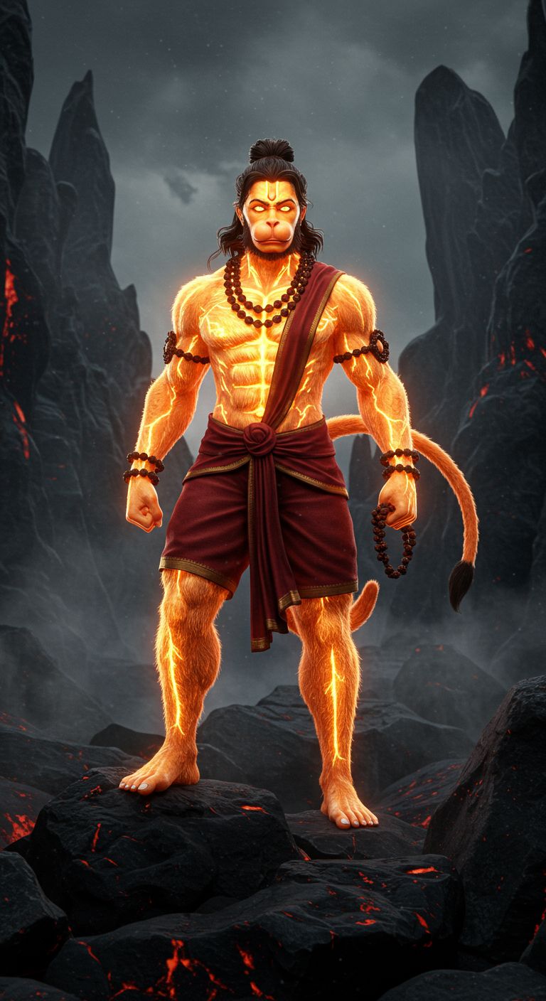 Fiery Hanuman Standing in Volcanic Landscape