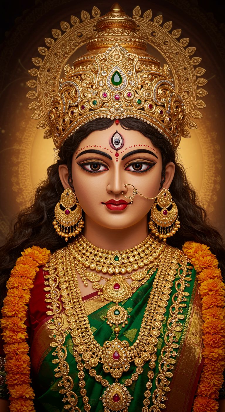 Goddess Durga in Green Saree and Golden Crown