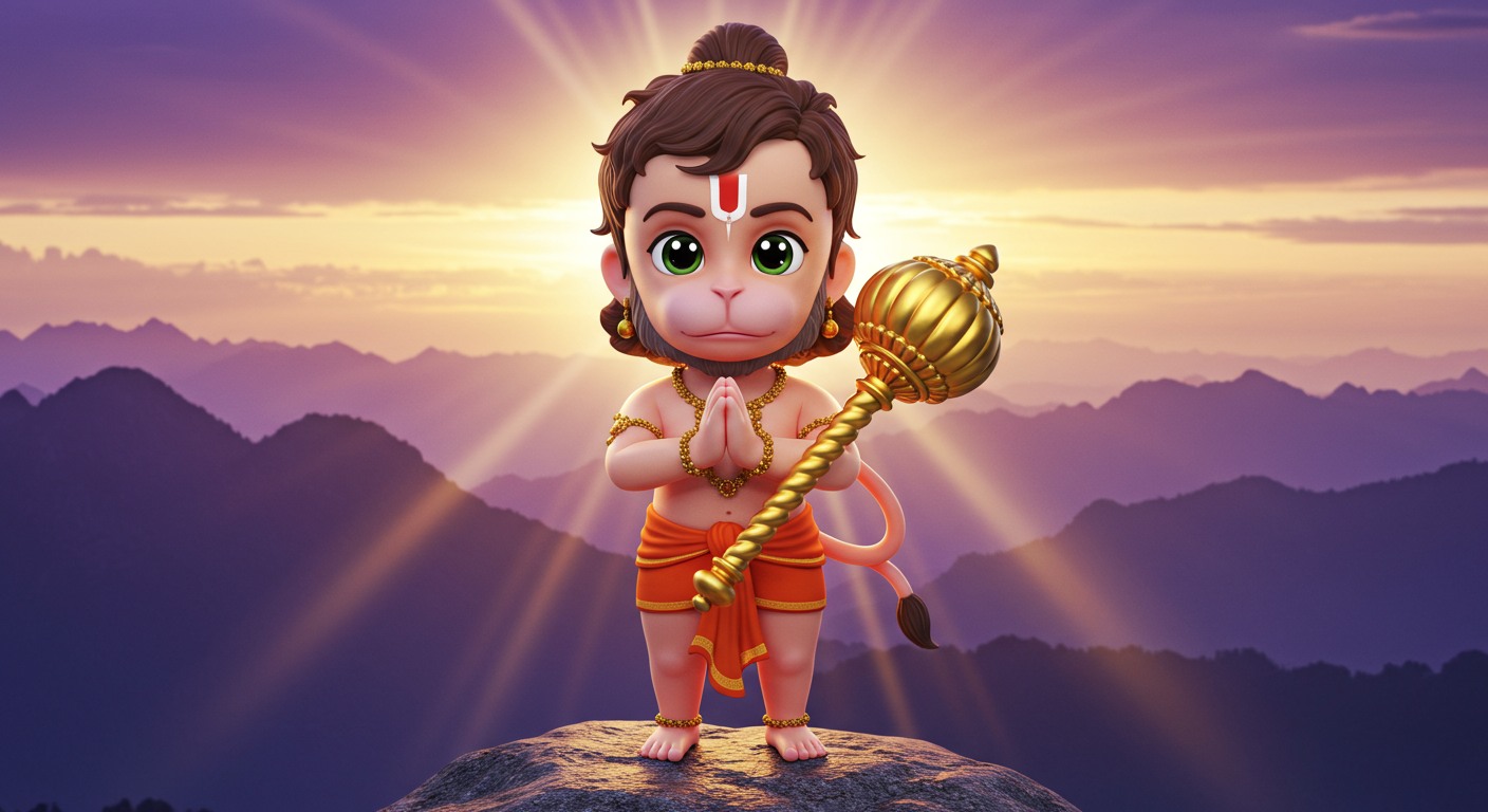 Adorable Baby Hanuman Standing on Mountain with Divine Sunrise