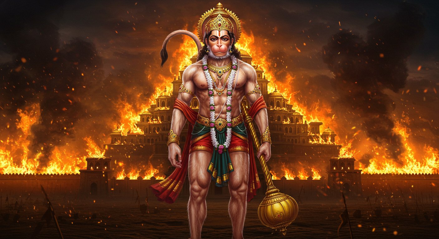 Veer Hanuman Standing Tall Before the Burning Lanka