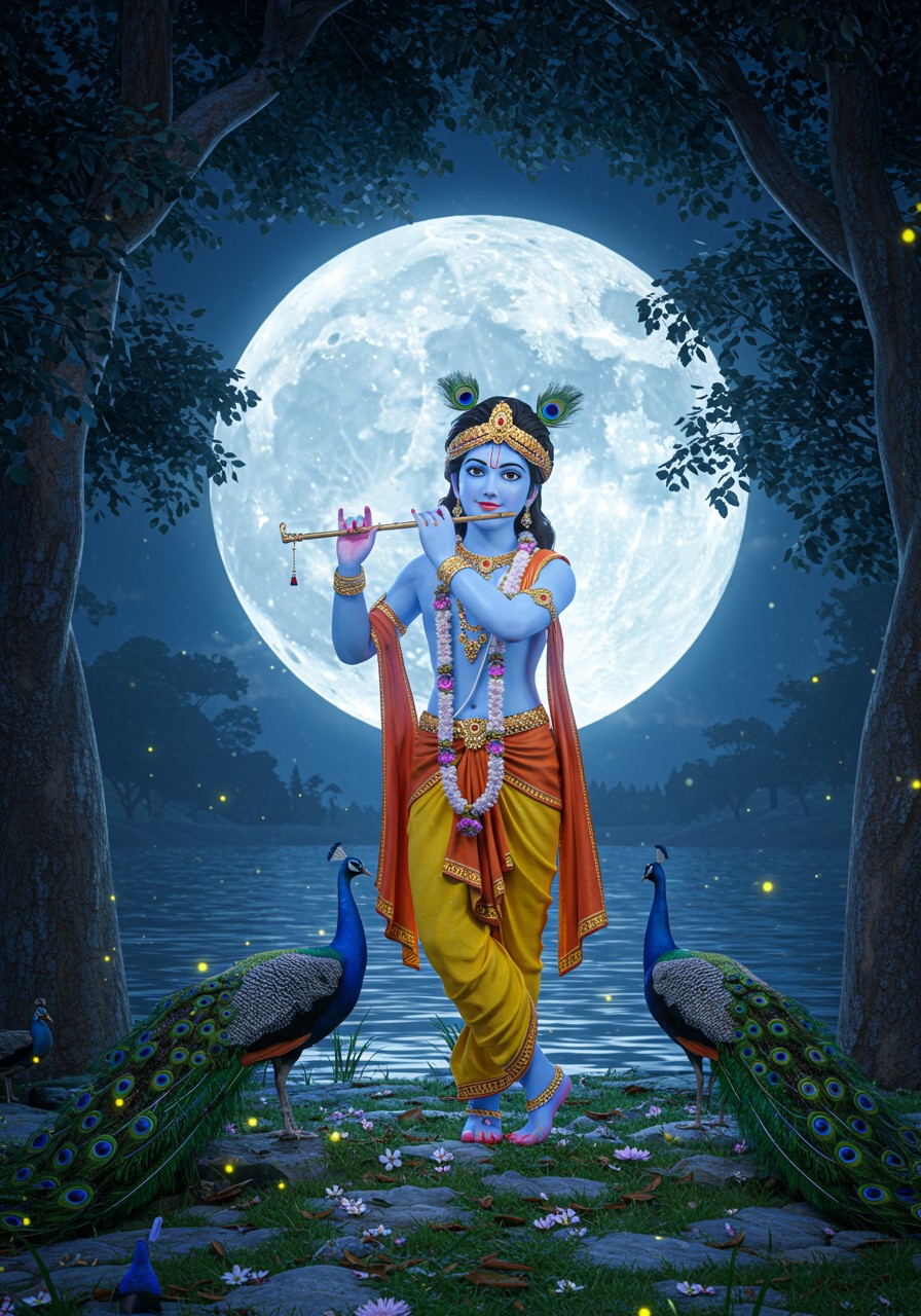 Lord Krishna Playing Flute in Moonlight