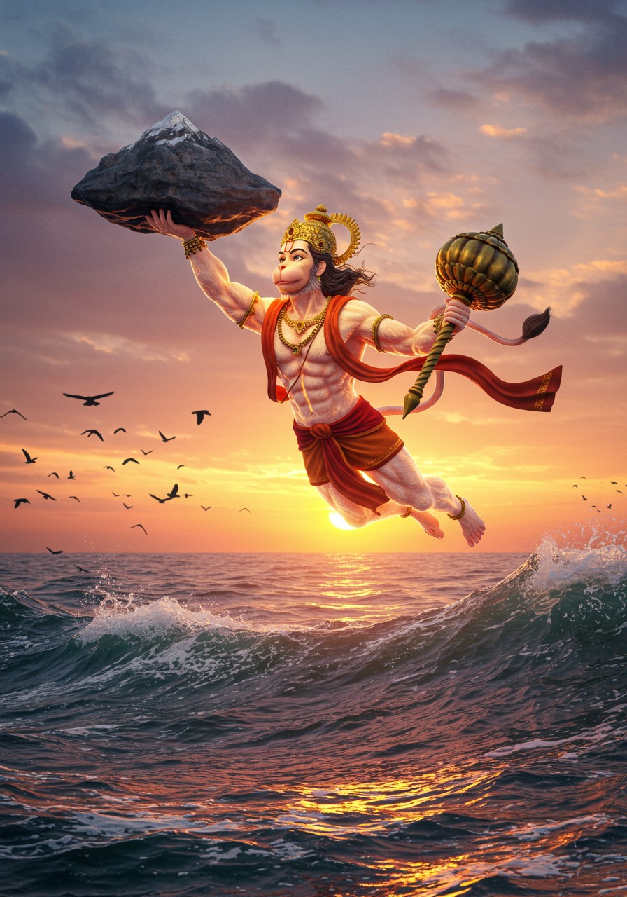 Hanuman Flying with Sanjeevani Mountain