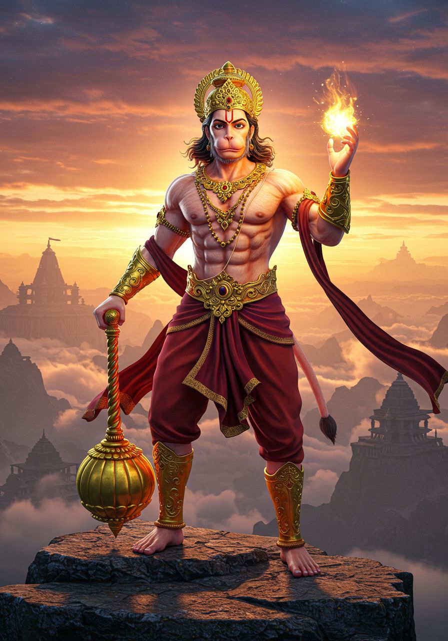 Lord Hanuman Holding Fire Above Ancient Temples