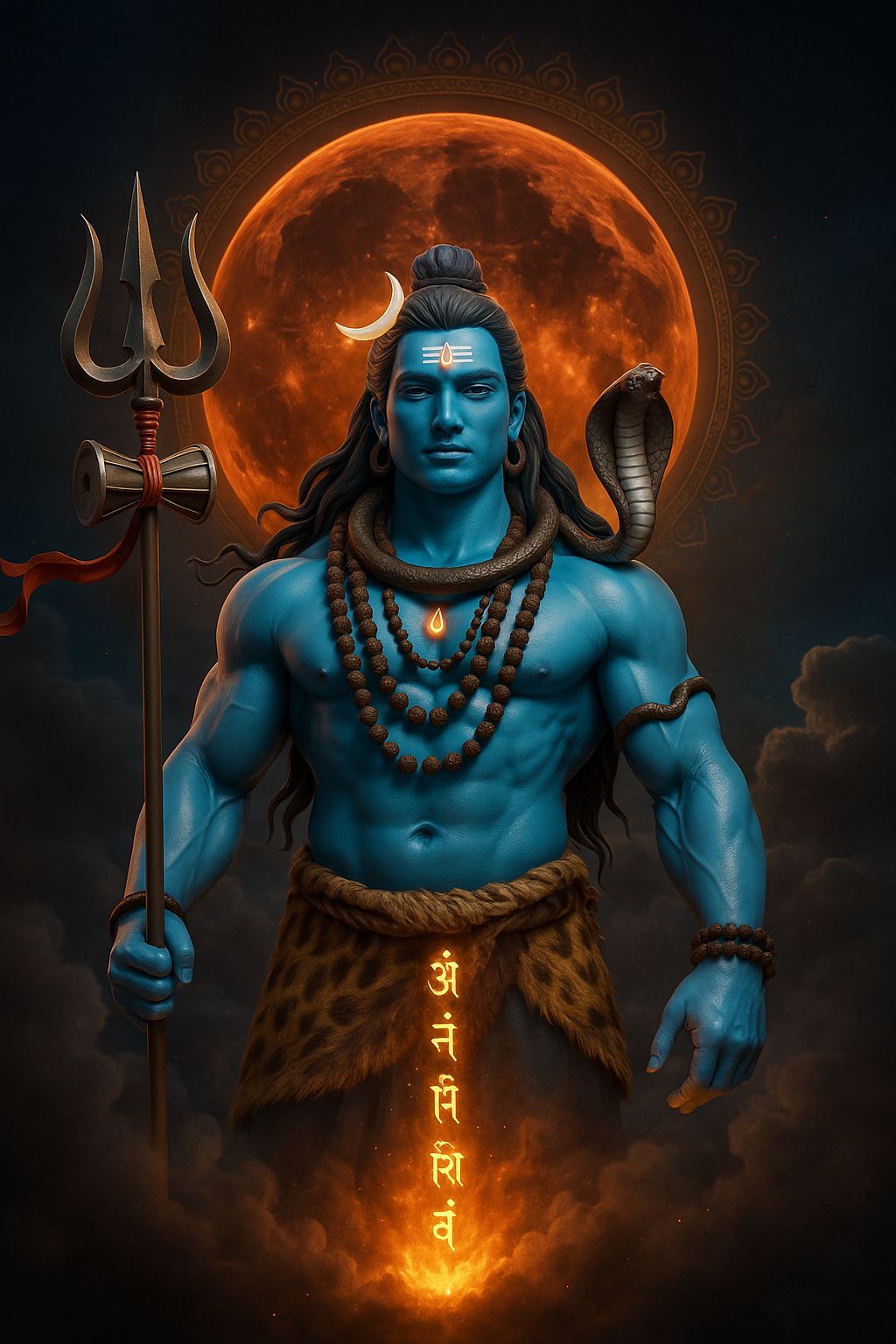 Lord Shiva With Trident and Fiery Moon Behind