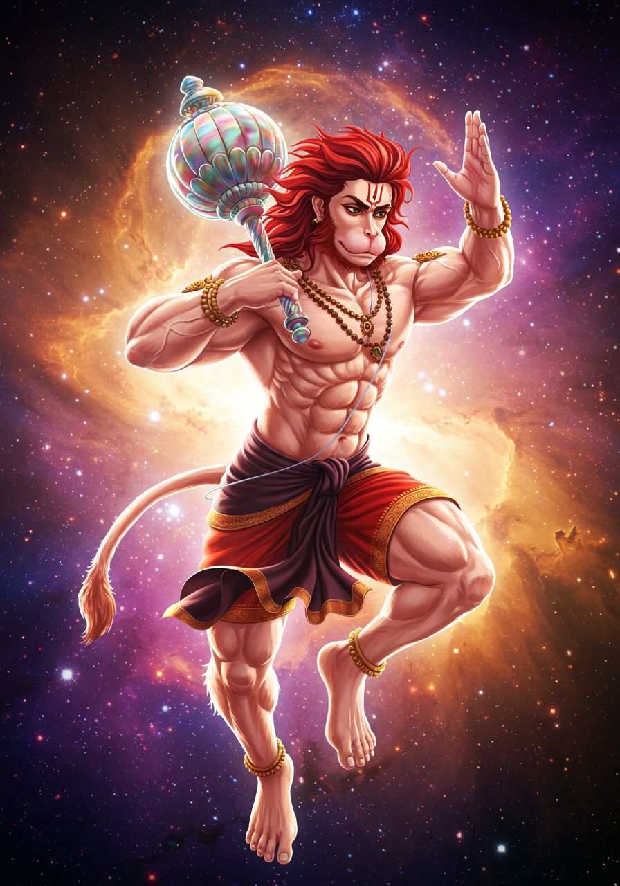 Flying Hanuman in Space With Divine Gada