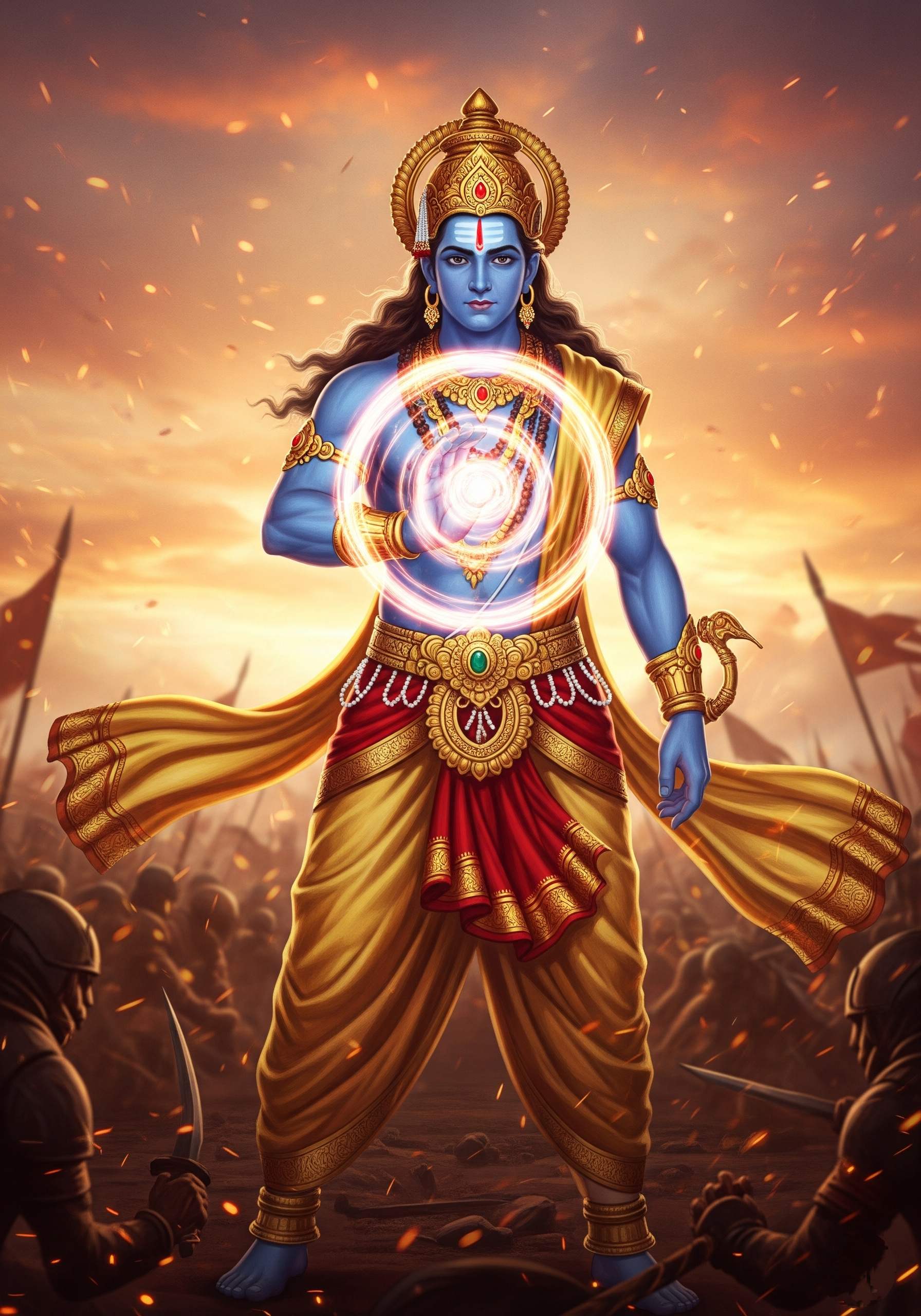 Divine Lord Vishnu in Battle with Glowing Chakra