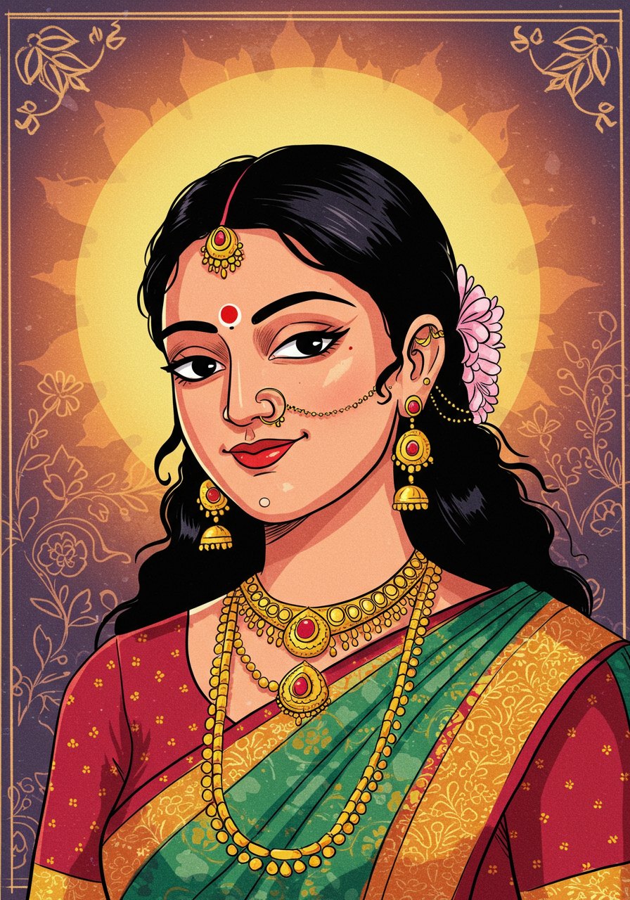 Traditional Indian Woman in Saree with Gold Jewelry