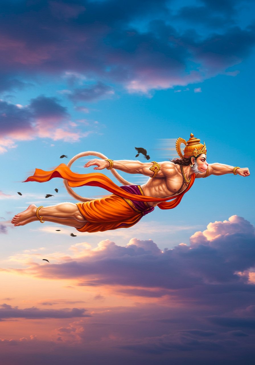 Flying Lord Hanuman Artwork at Sunset Sky