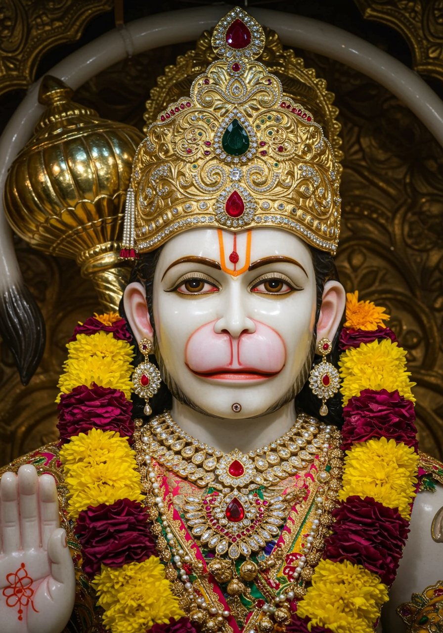 Ornate Hanuman Idol with Garland and Golden Crown