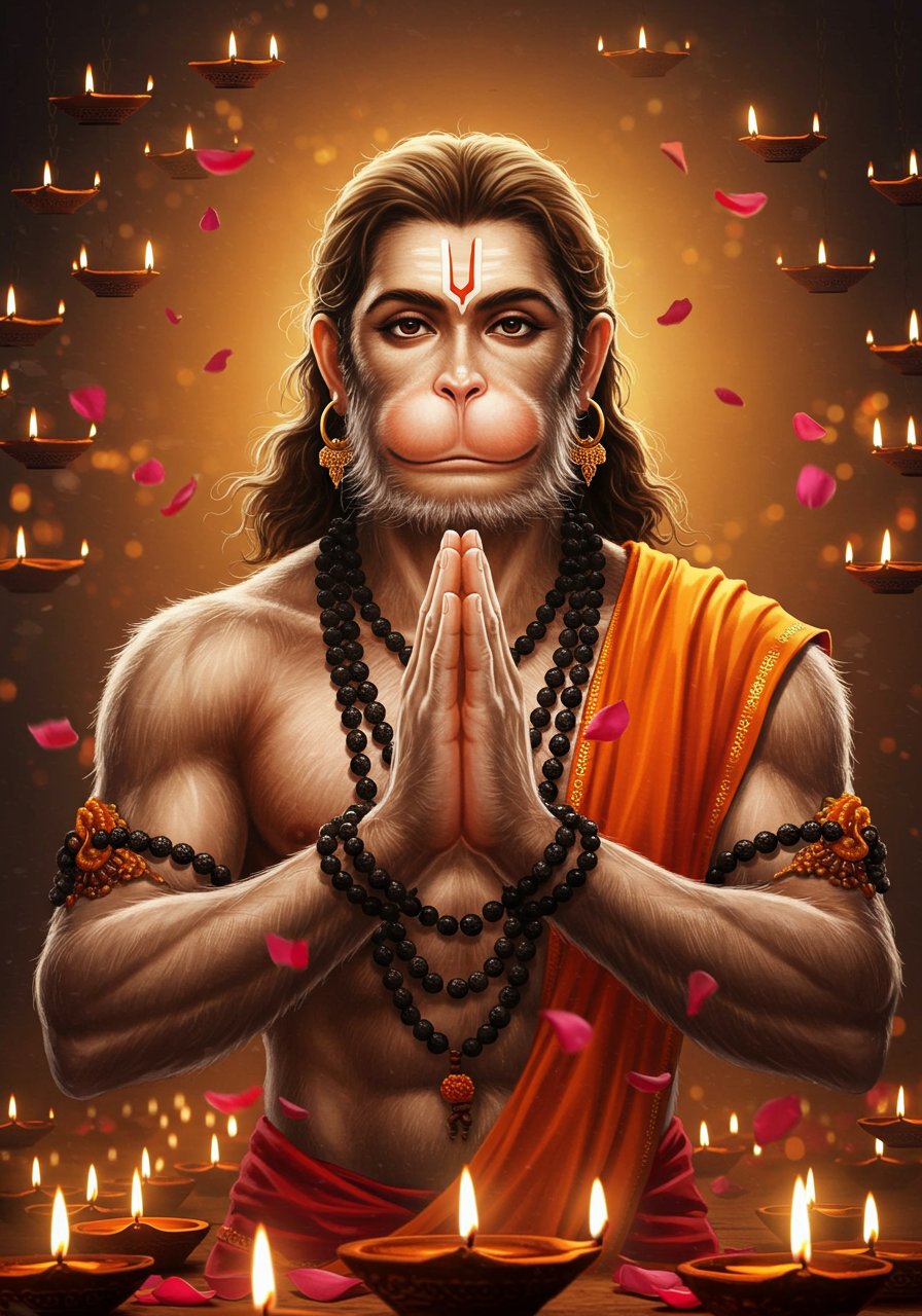 Hanuman with Folded Hands Amid Diya Lamps and Petals