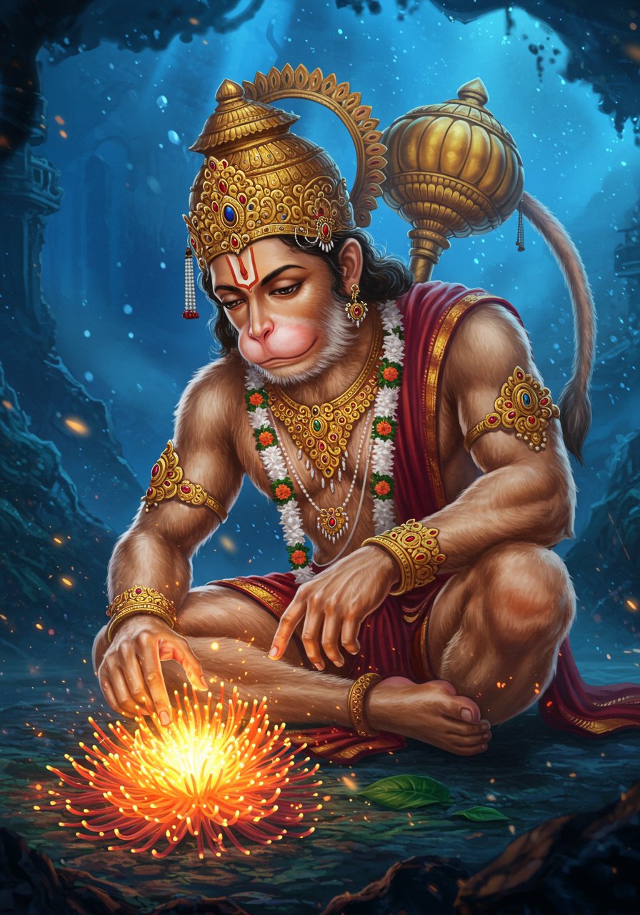 Lord Hanuman Admiring Glowing Divine Flower at Night