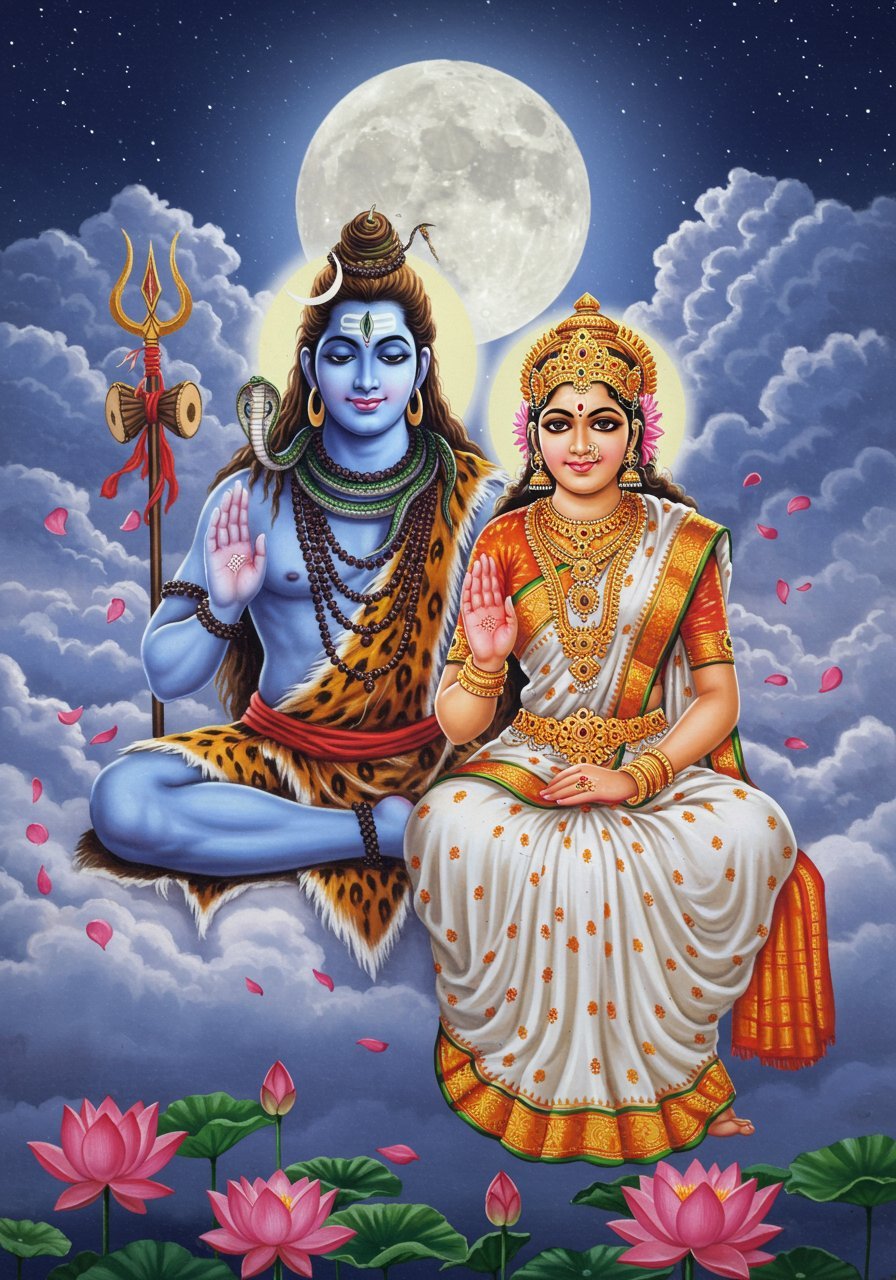 Lord Shiva And Goddess Parvati Sitting In Blessing Pose Under Full Moon 