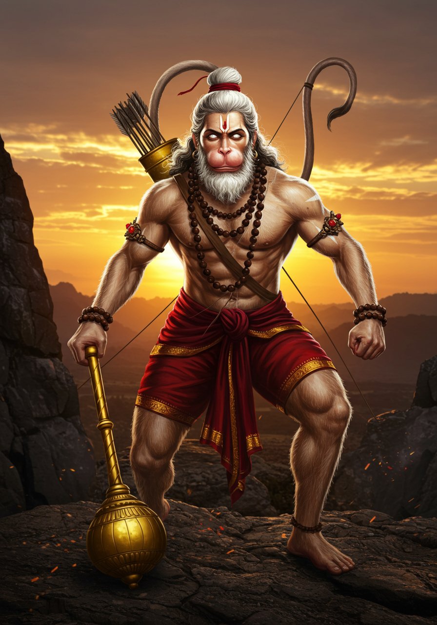 Fierce Lord Hanuman with Gada at Sunset Mountain