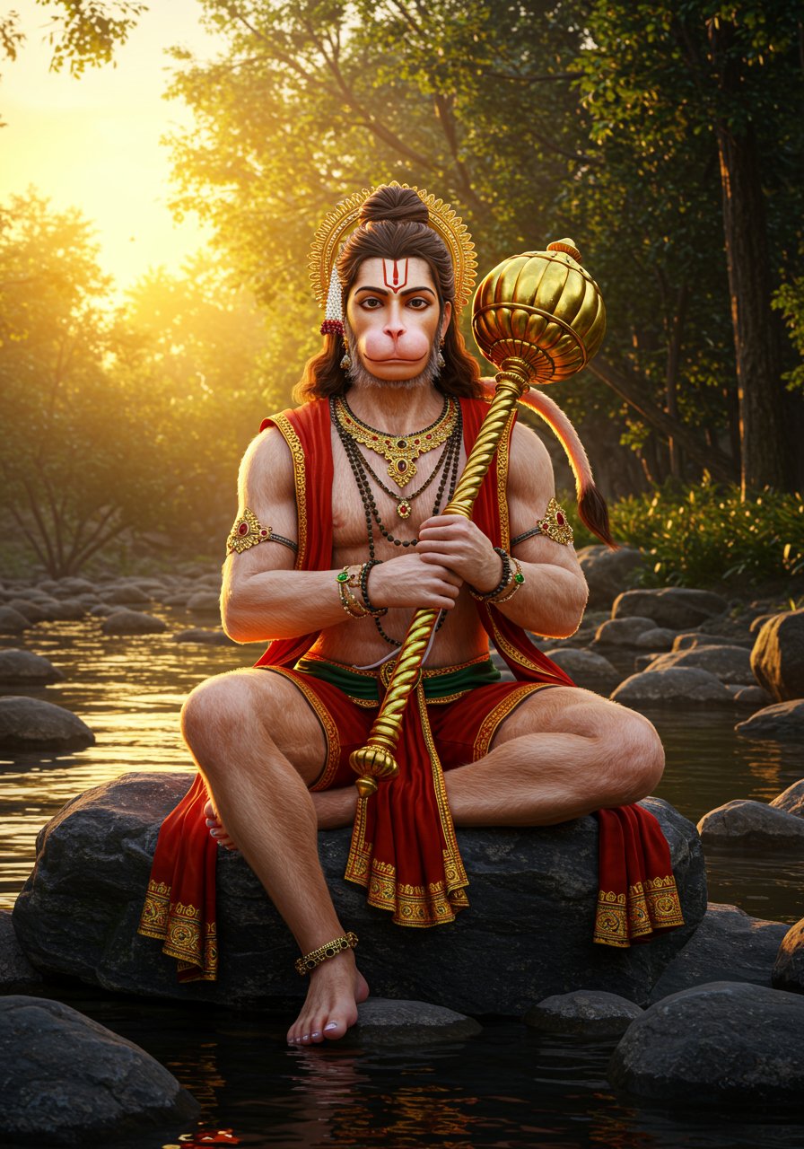 Peaceful Lord Hanuman Sitting with Gada by River