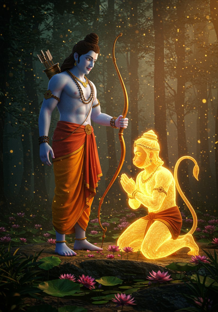 Divine Hanuman Bowing to Lord Rama in Forest