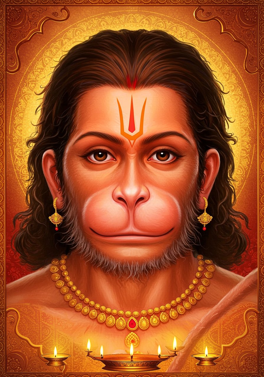 Lord Hanuman Glowing Portrait with Divine Lamps