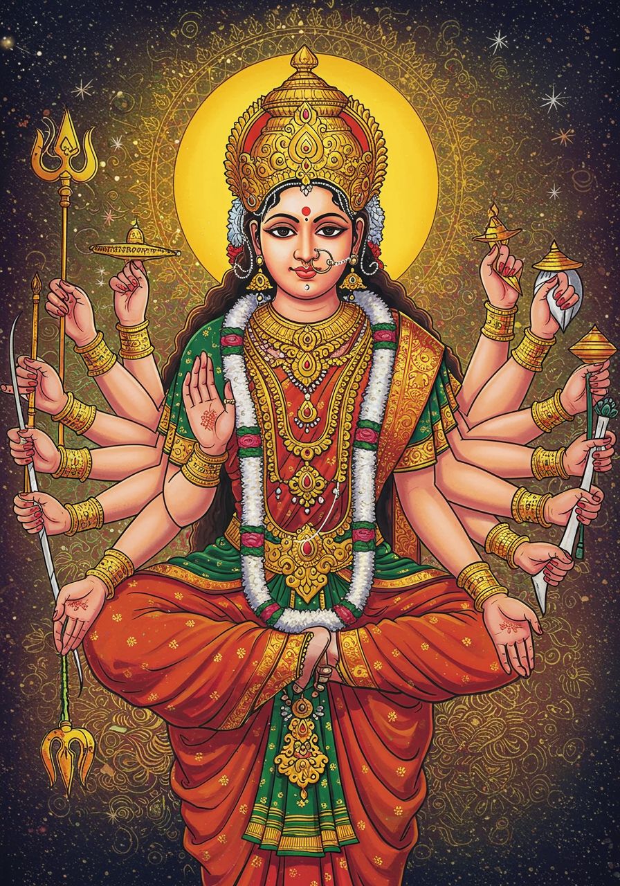 Goddess Durga with Multiple Arms in Divine Aura
