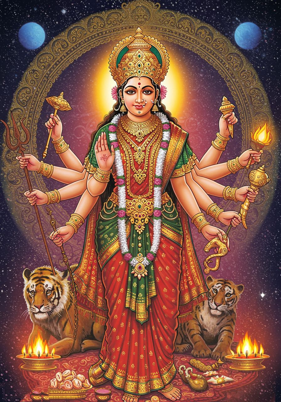 Divine Goddess Durga with Tiger and Celestial Background