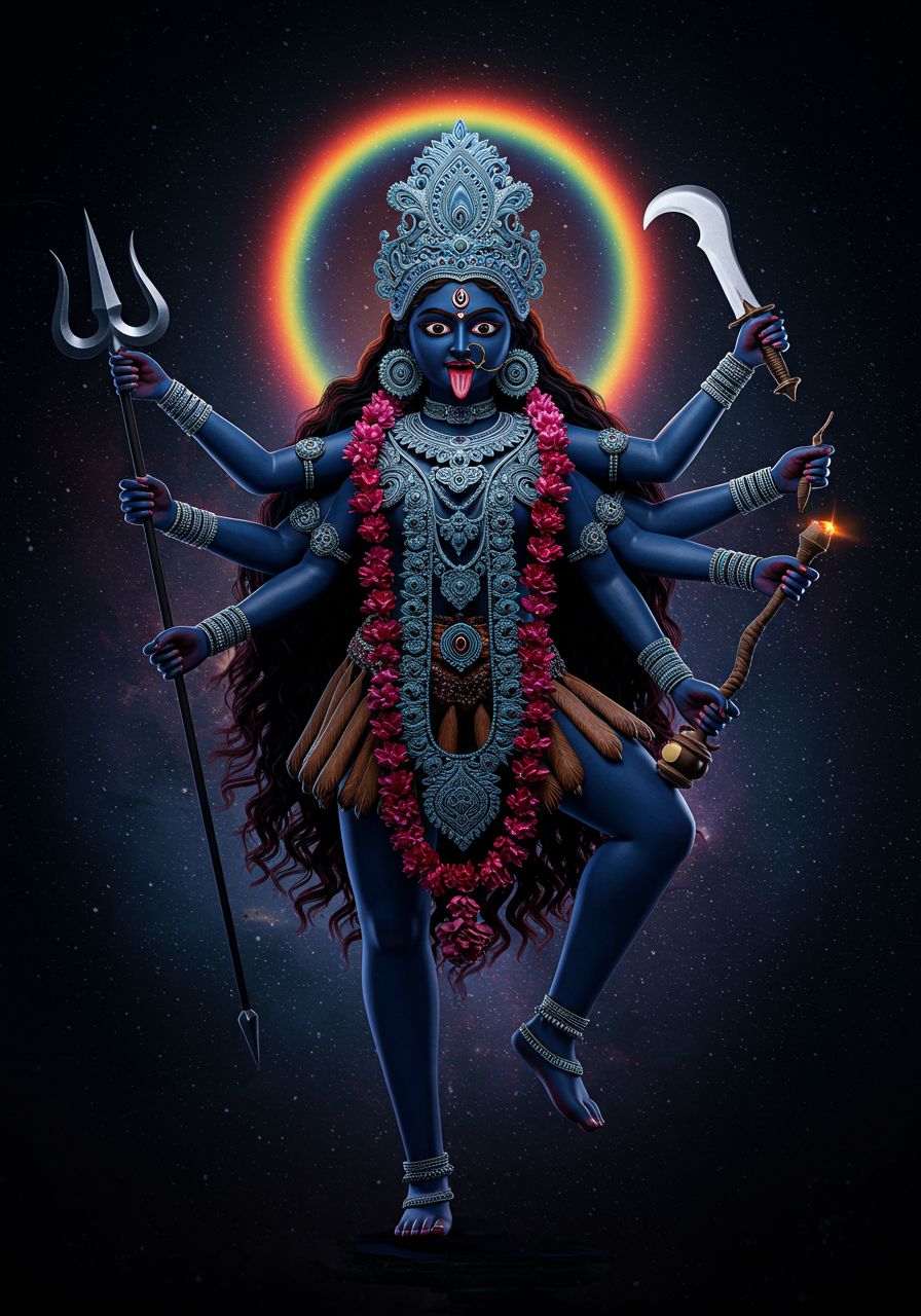Fierce Kali Maa in Cosmic Form with Rainbow Aura