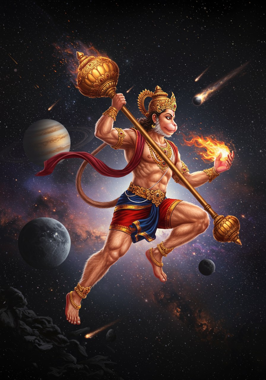 Lord Hanuman in Space with Fiery Gada and Flame