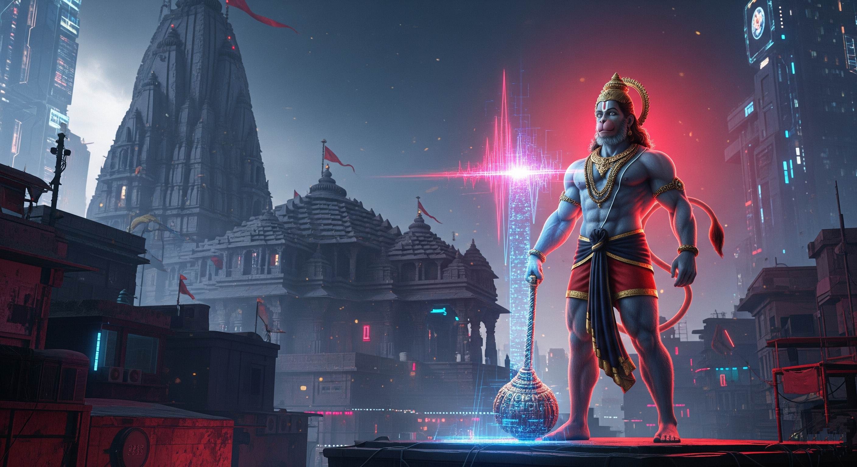 Cyber Hanuman with Digital Gada and Temple Cityscape