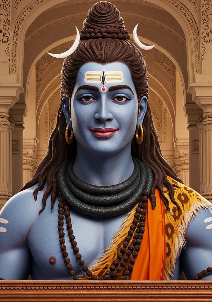 Smiling Lord Shiva with Sacred Symbols in Temple
