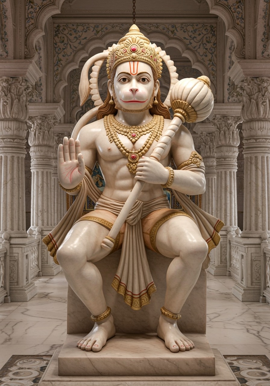 Majestic Seated Hanuman Idol in Marble Temple