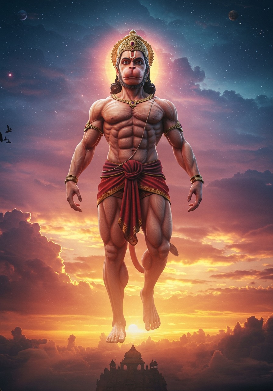 Flying Hanuman in Sunset Sky Mobile Wallpaper