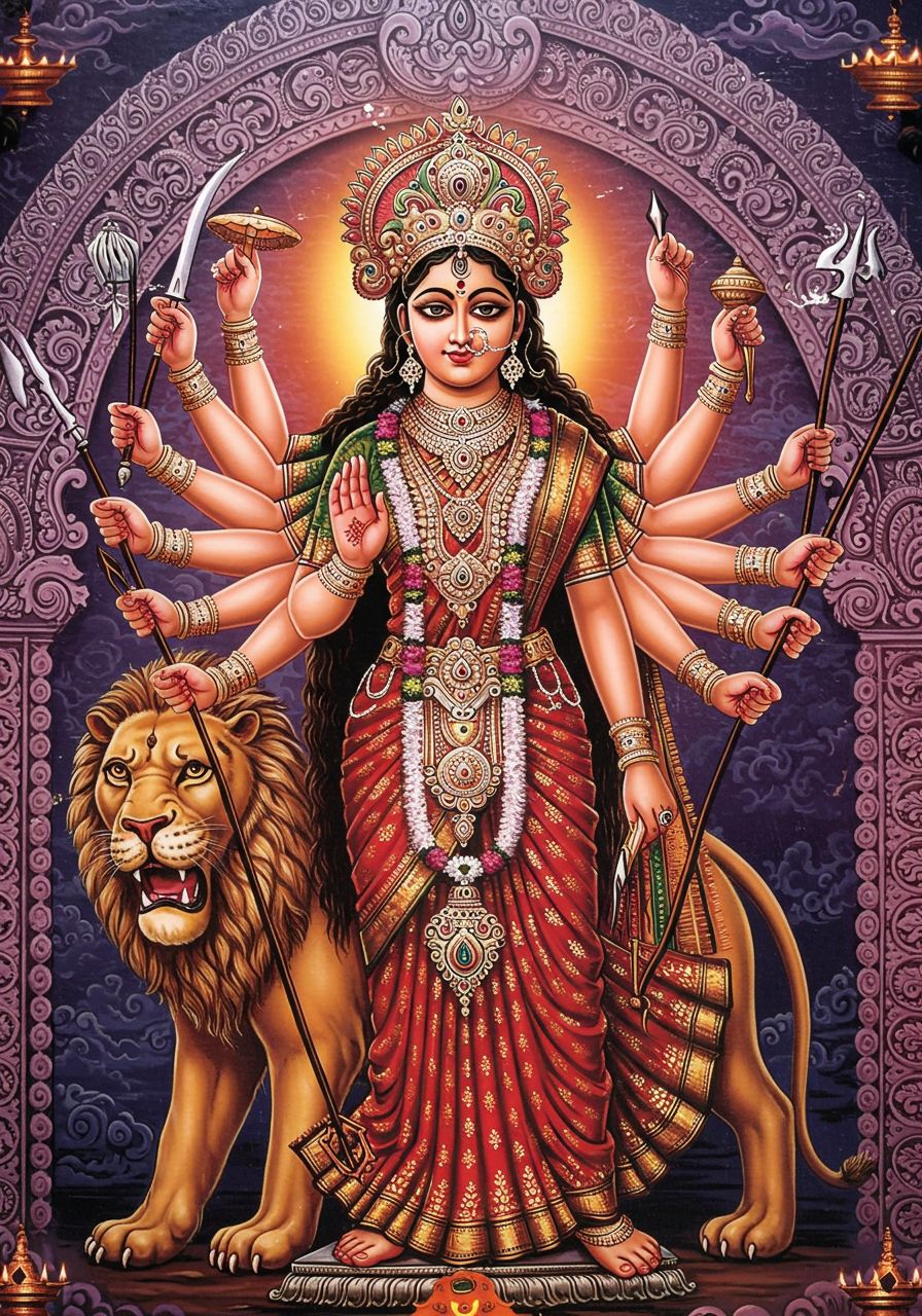 Traditional Durga Mata Artwork with Ornate Temple Arch