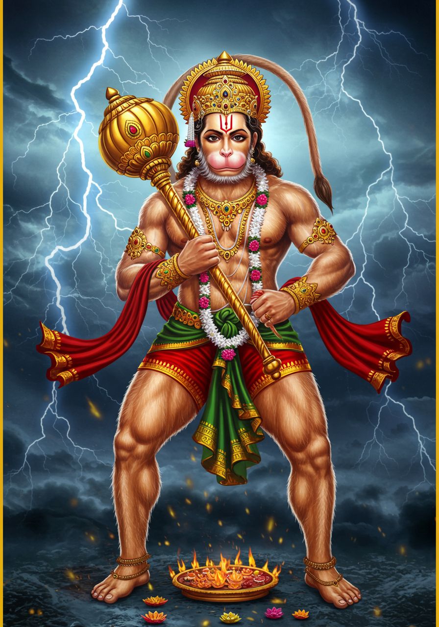 Mighty Lord Hanuman in a Thunderstorm with Golden Mace