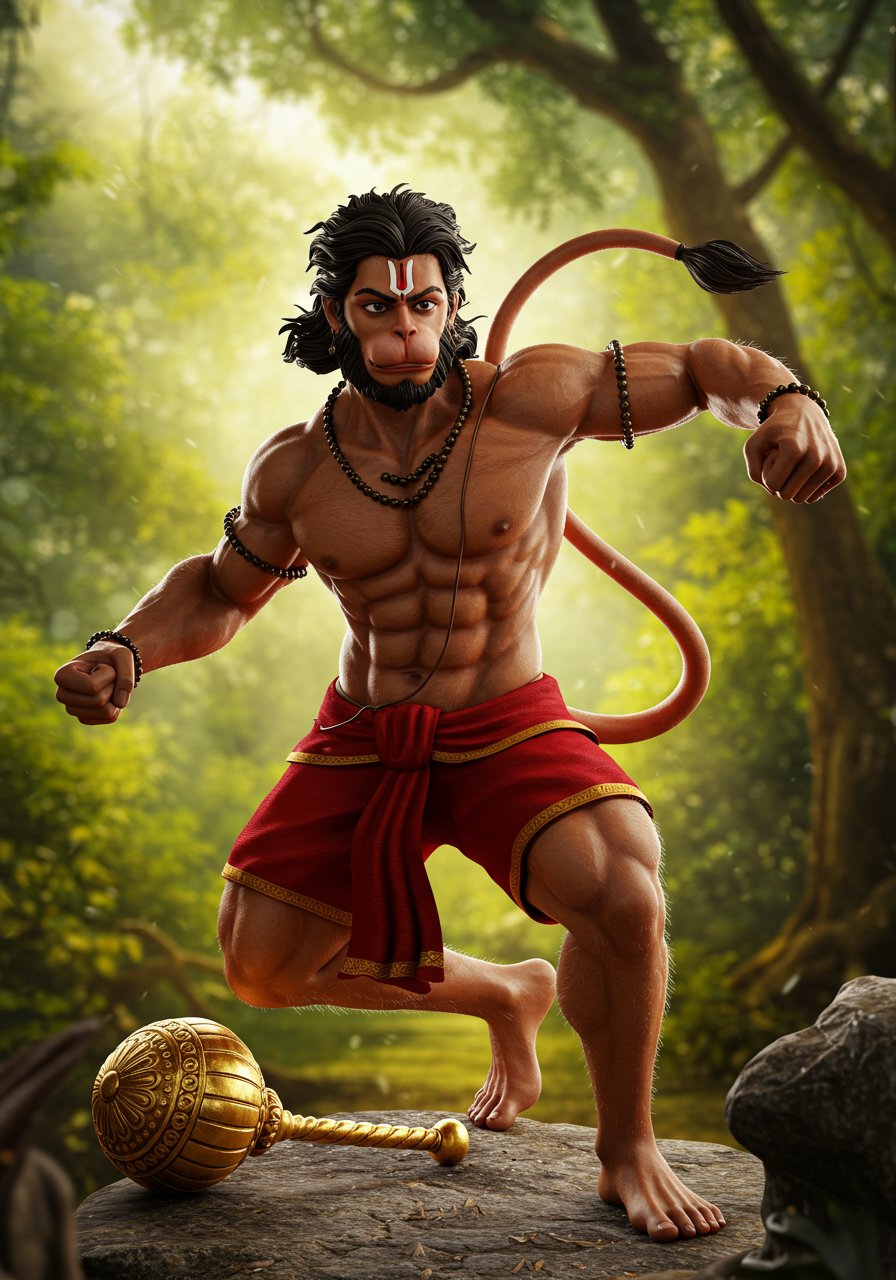 Young Lord Hanuman in Jungle with Golden Mace
