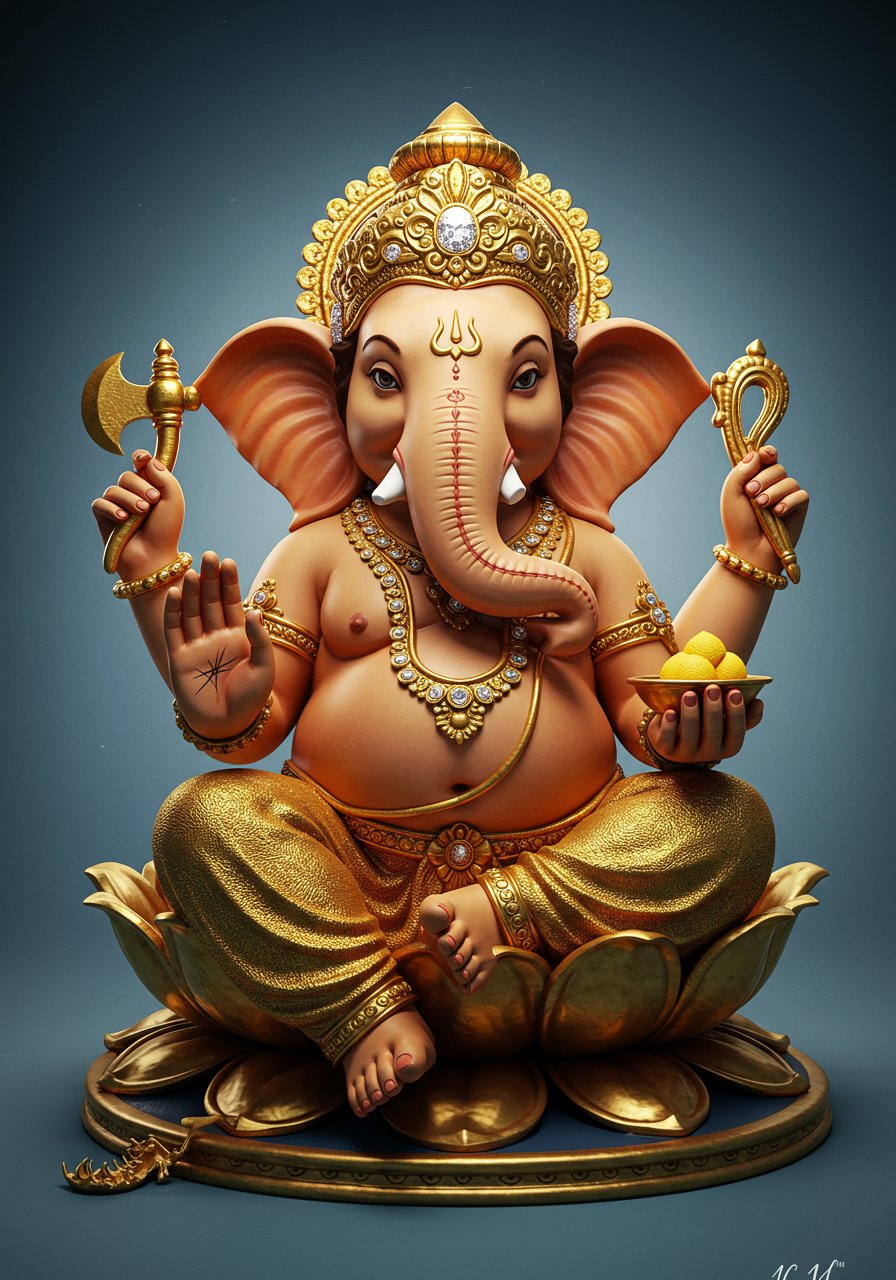 Golden Ganesha Sitting on Lotus Holding Modak and Axe