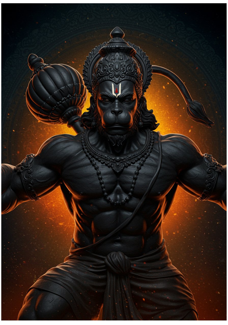 Black Stone Hanuman with Mace and Fiery Background
