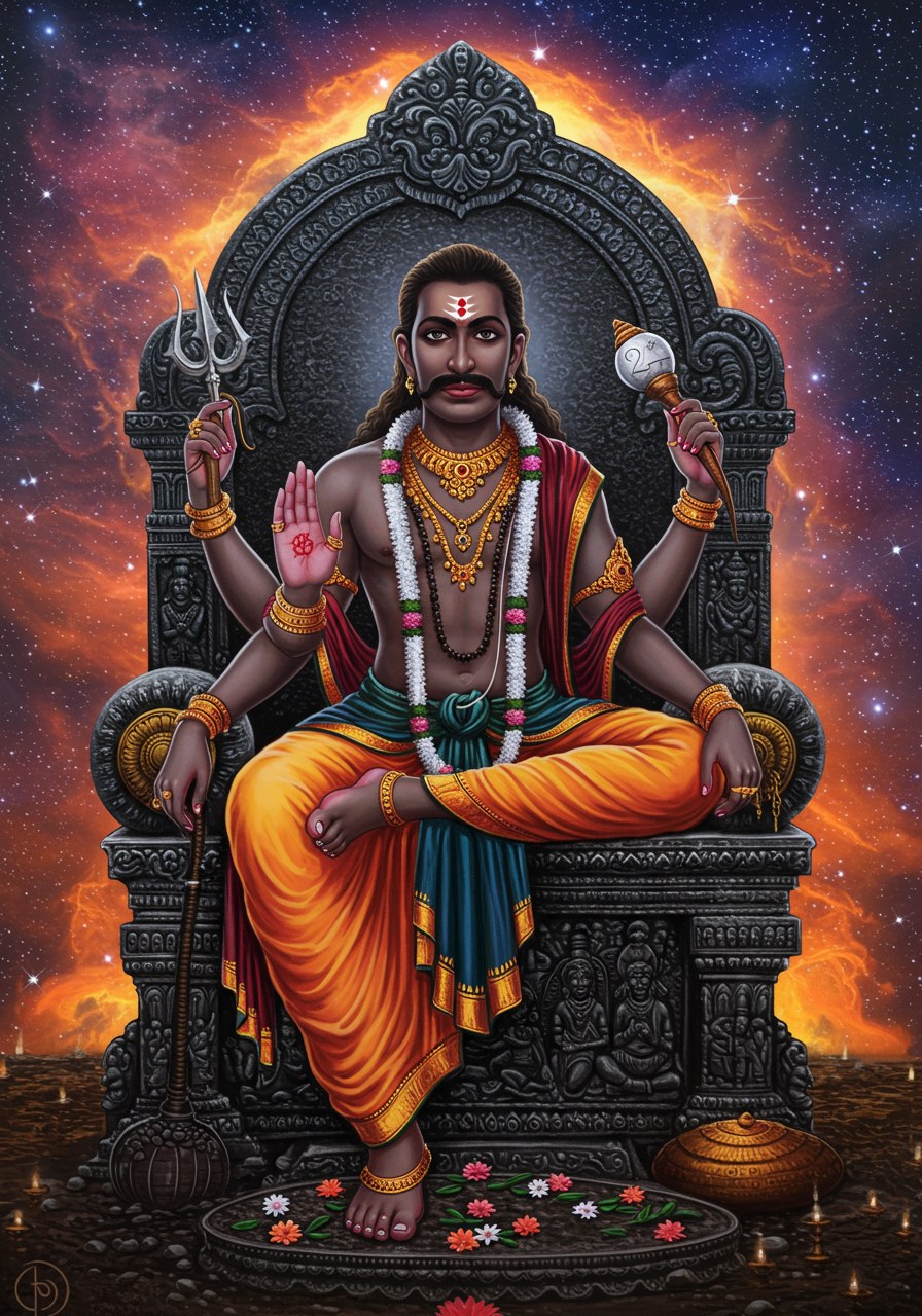 Shanidev Seated on Throne with Divine Aura
