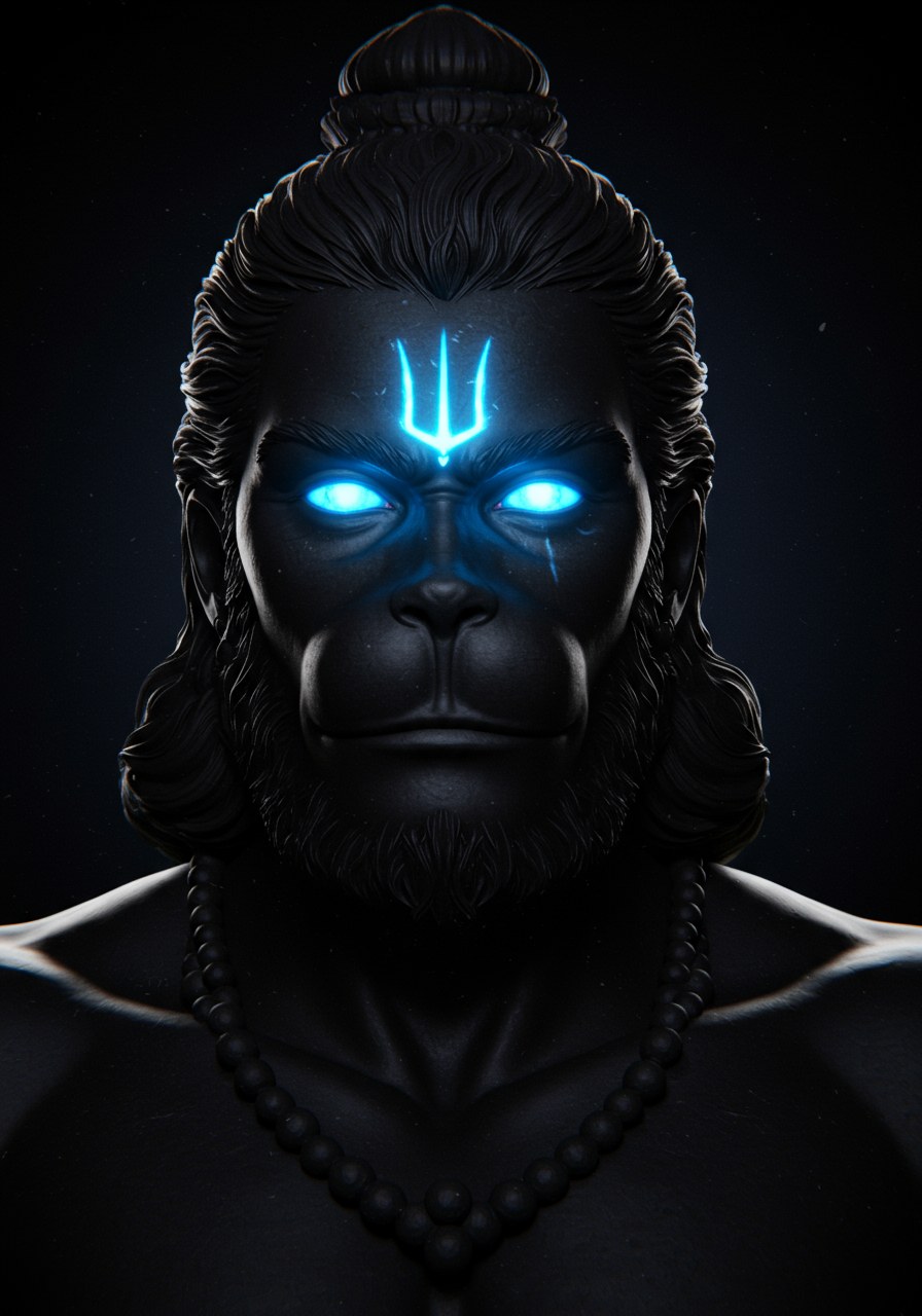 Dark Hanuman with Glowing Blue Trishul on Forehead
