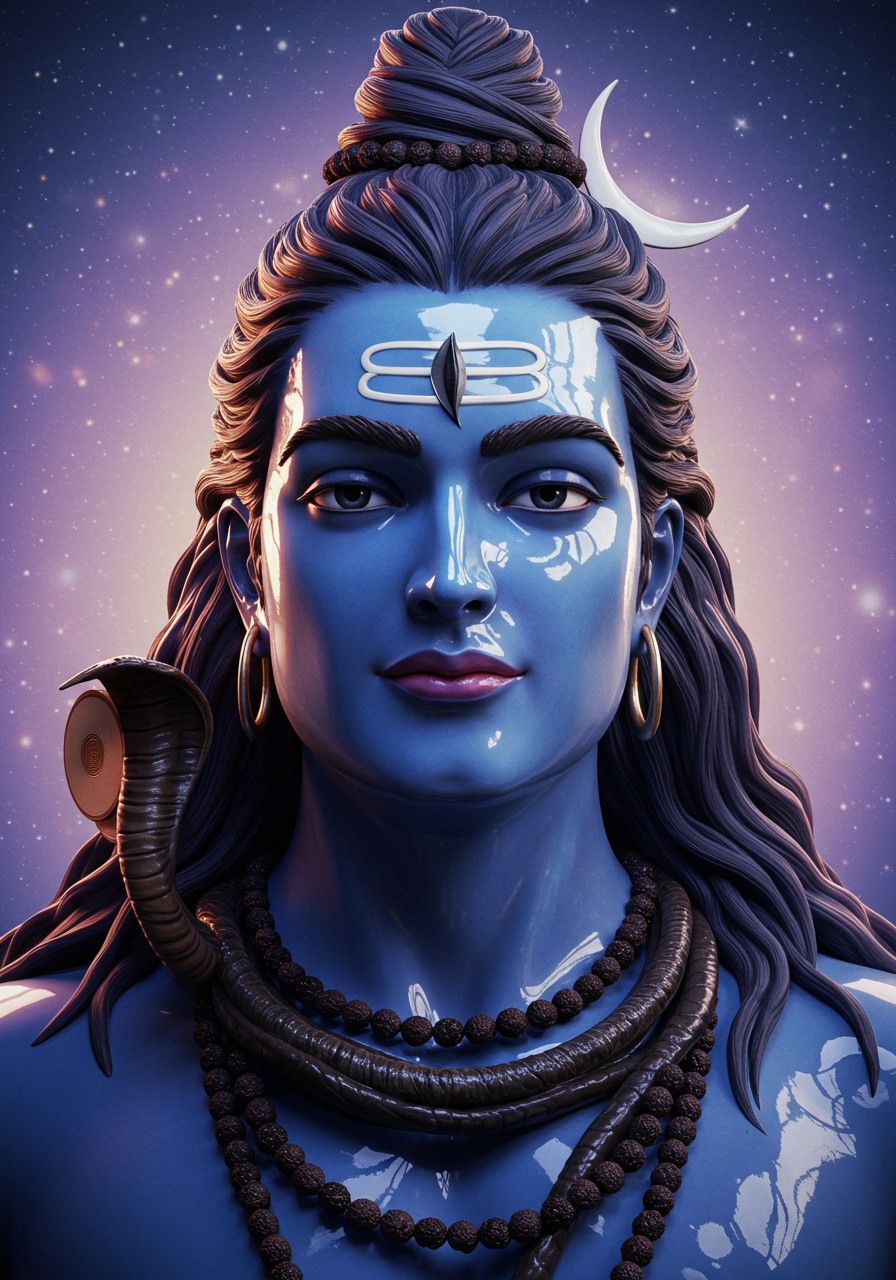 3D Shiva Portrait with Crescent Moon and Rudraksha Mala