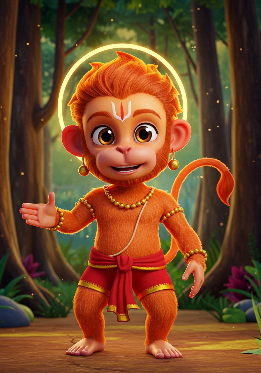 3D Bal Hanuman Blessing Wallpaper – Cute Forest Animation