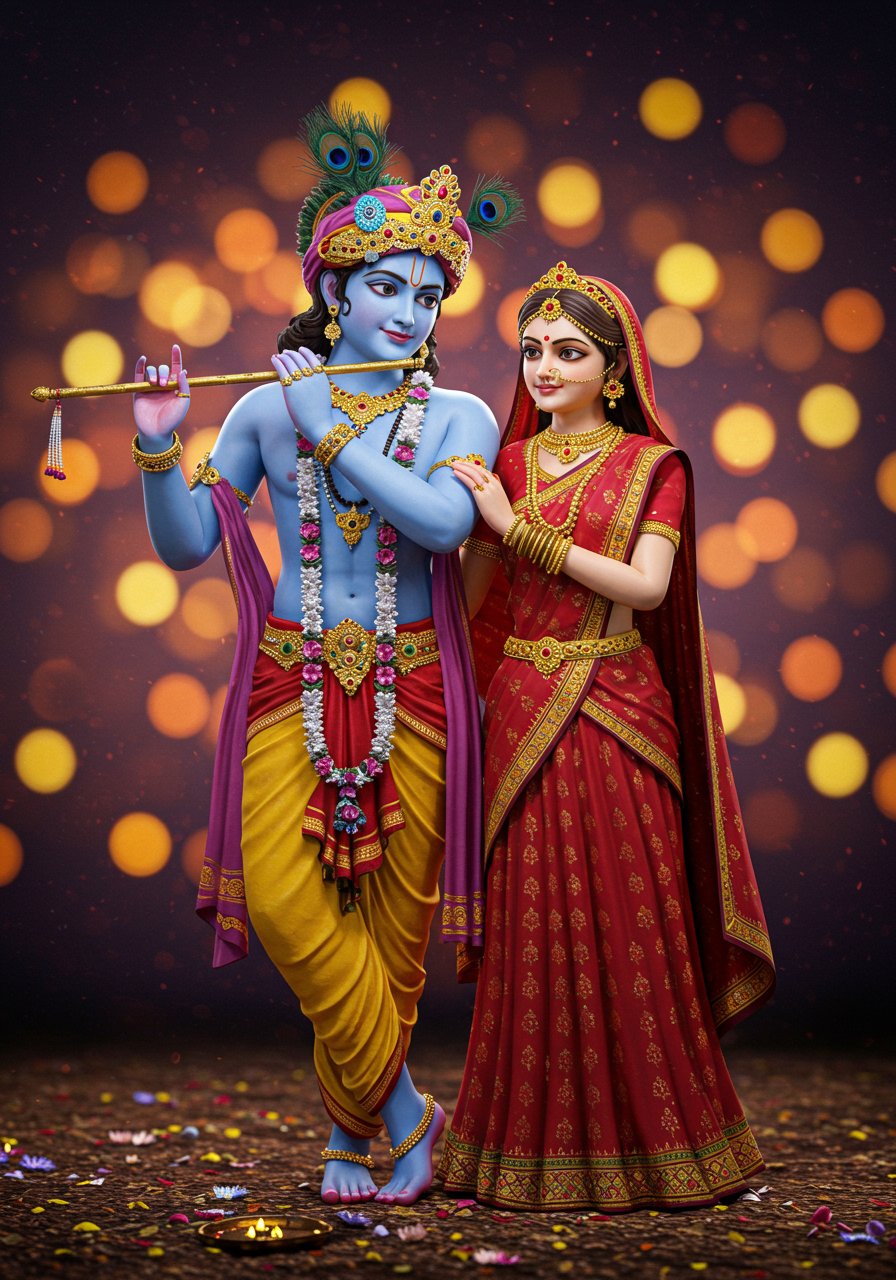3D Radha Krishna Wallpaper – Divine Love in Glowing Light