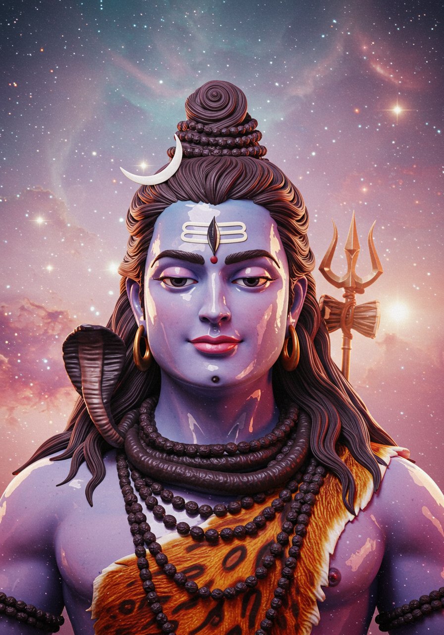 3D Lord Shiva Portrait with Cosmic Background and Trishul