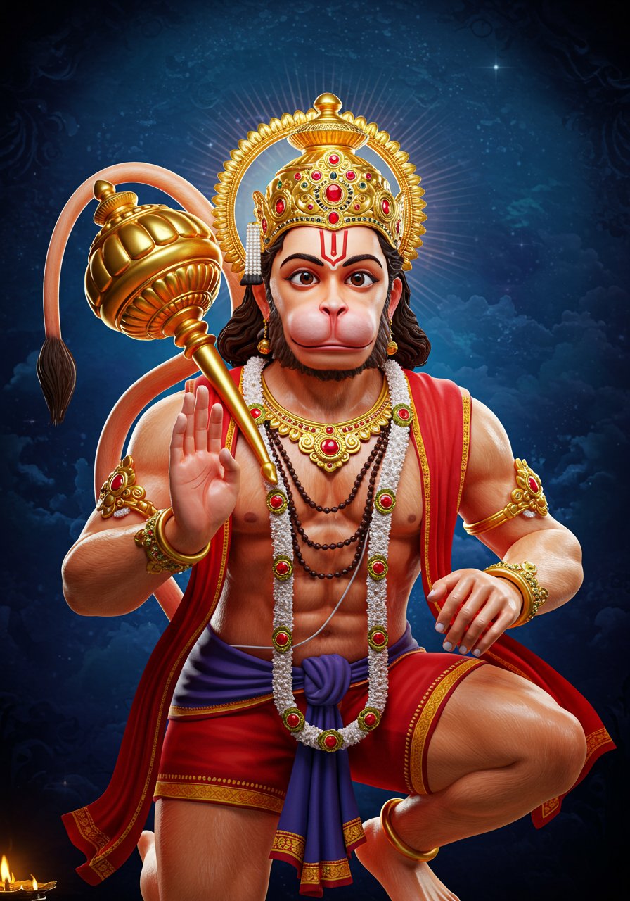 Powerful Hanuman Blessing Pose with Gada and Glowing Aura