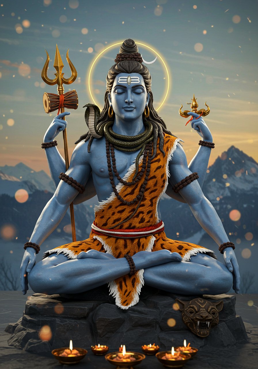 Lord Shiva 3D Artwork in Meditation with Trident and Diya Lamps