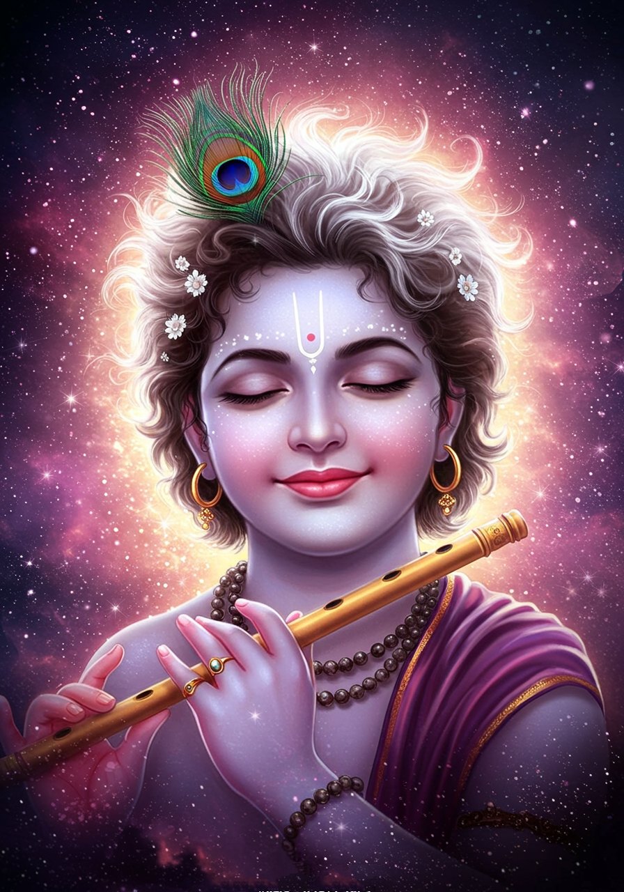 Baby Krishna Playing Flute with Peacock Feather and Sparkle Aura