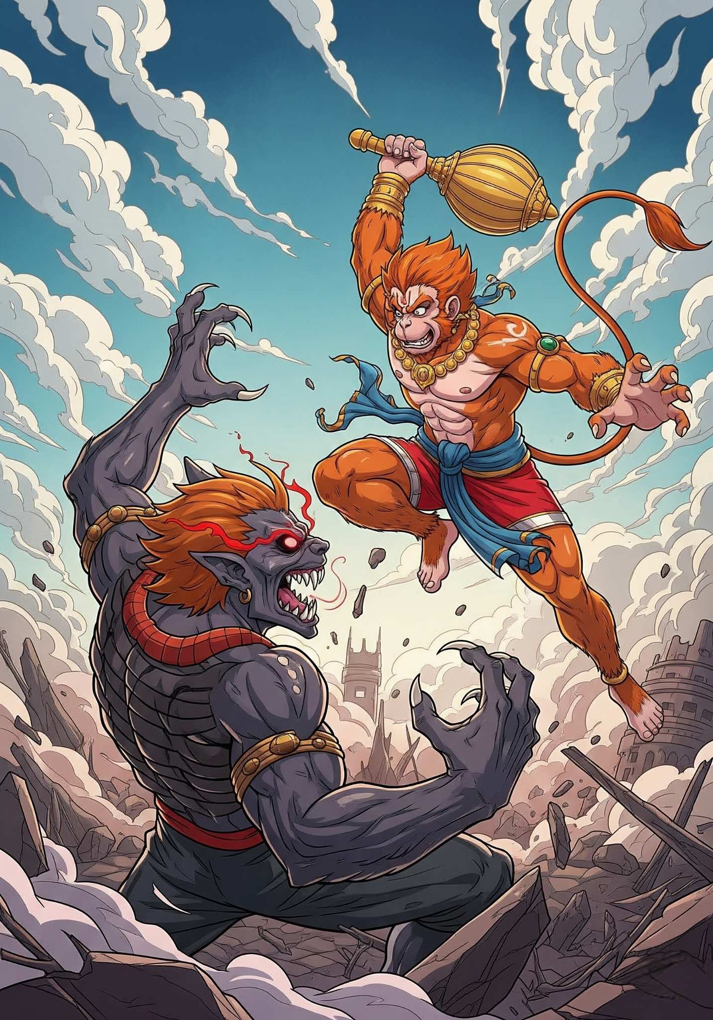 Anime Style Hanuman Battling Demon in Epic Showdown
