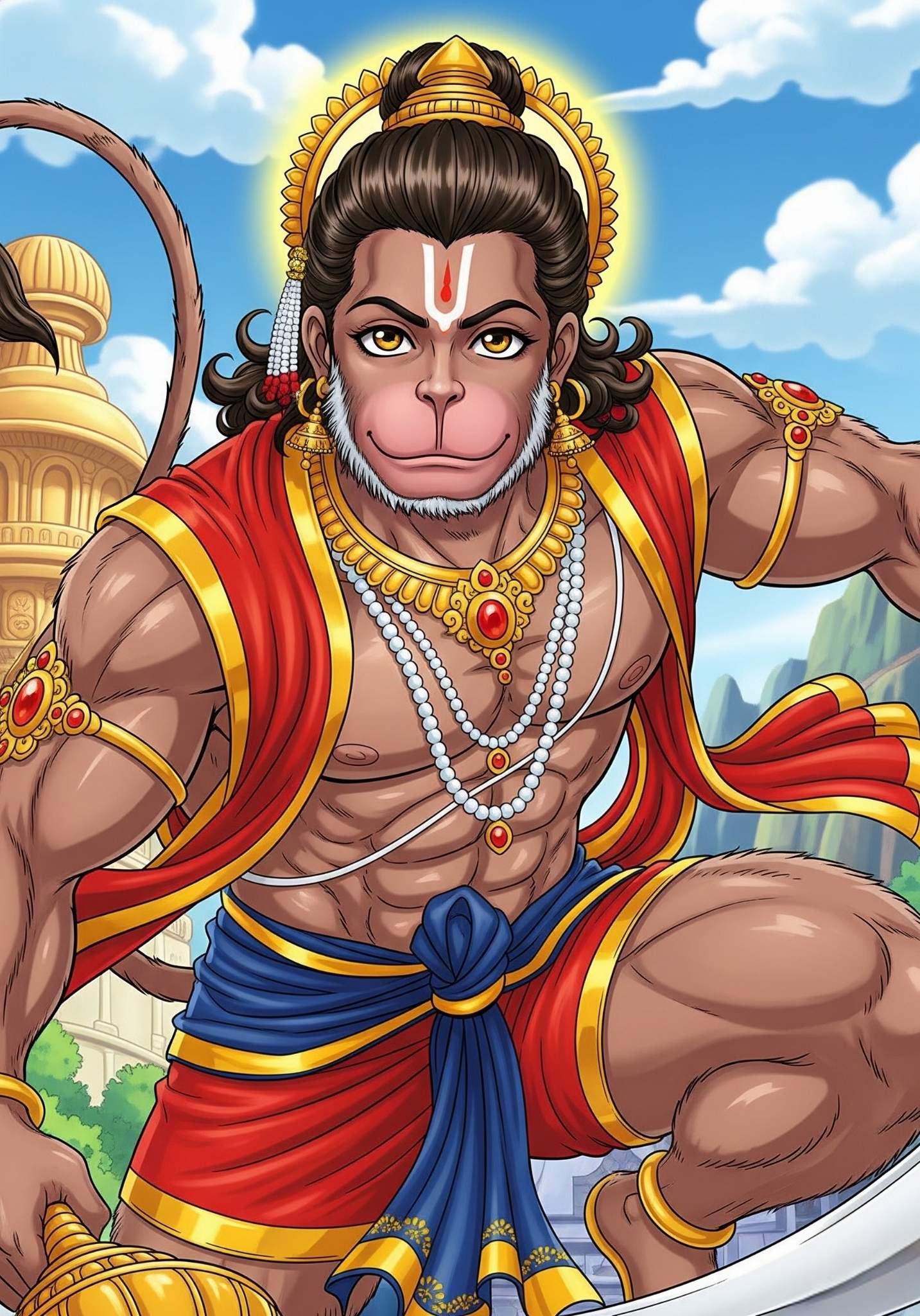 Anime Style Lord Hanuman with Golden Mace and Temple