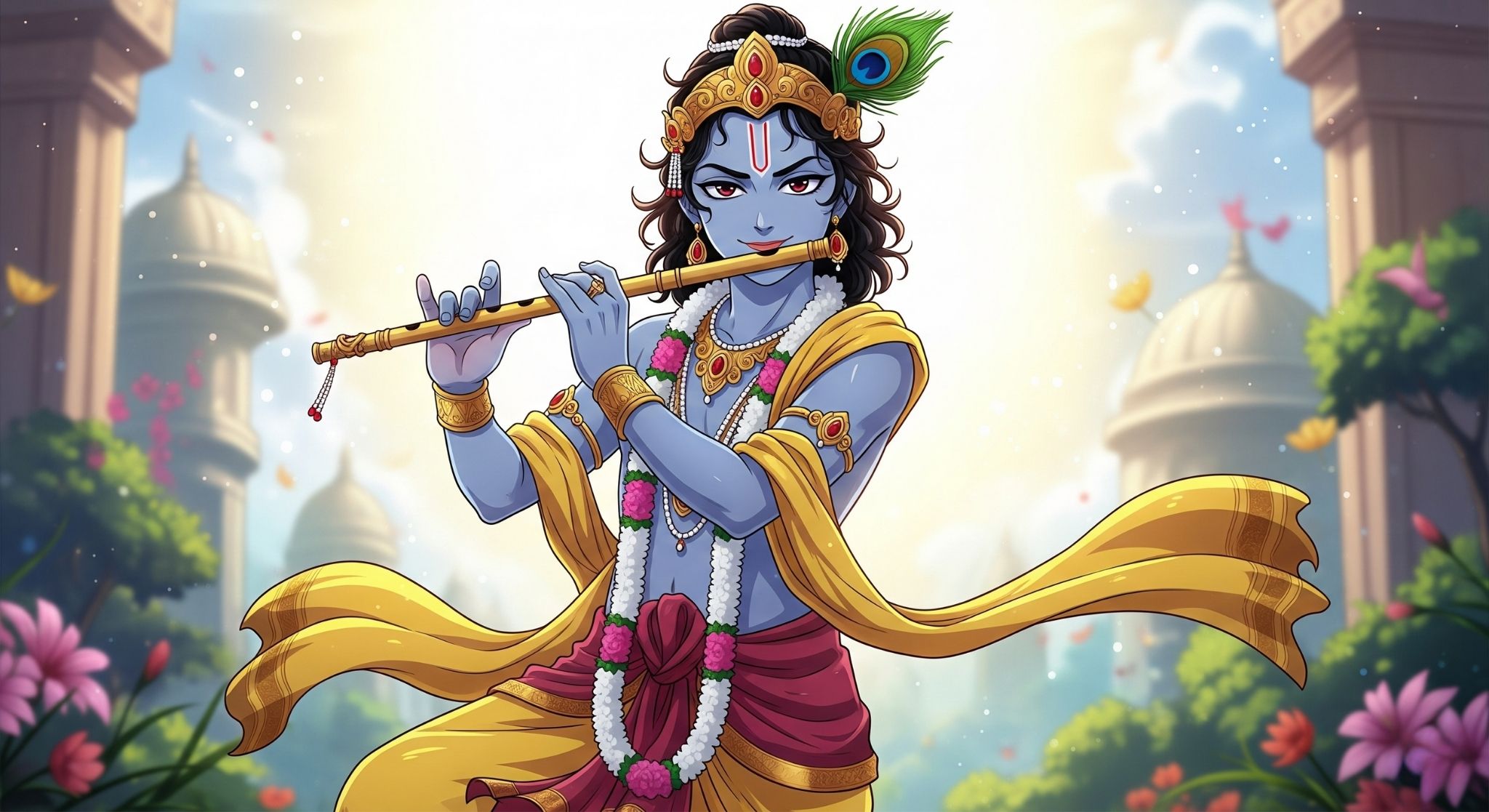 Divine Cartoon Krishna Playing Flute in Temple Garden