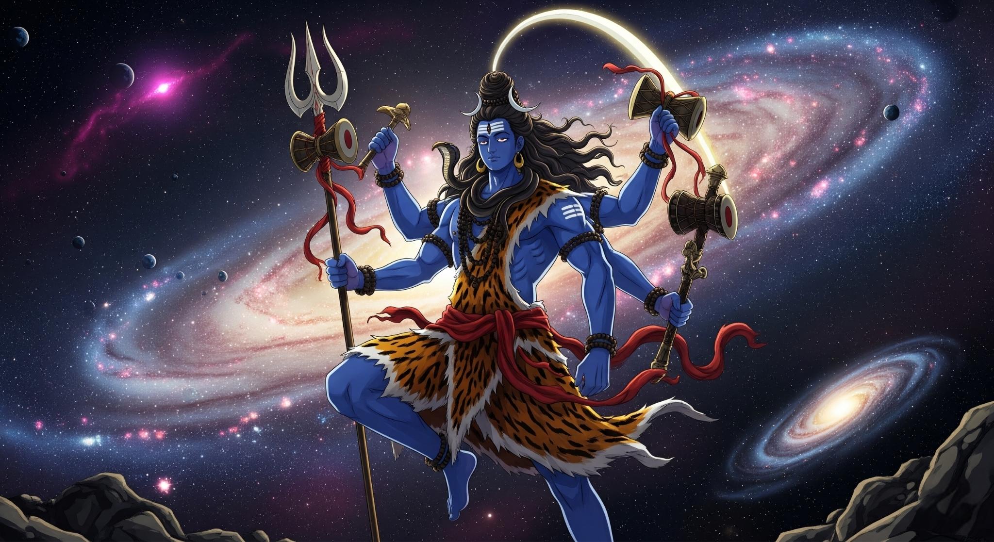 Cosmic Shiva Cartoon in Multiverse Galaxy Background