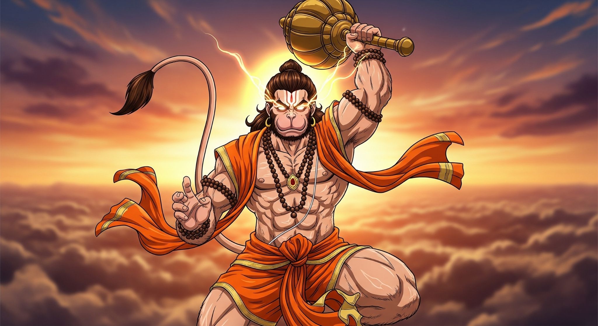 Anime Hanuman with Gada and Glowing Eyes in Sunrise Sky