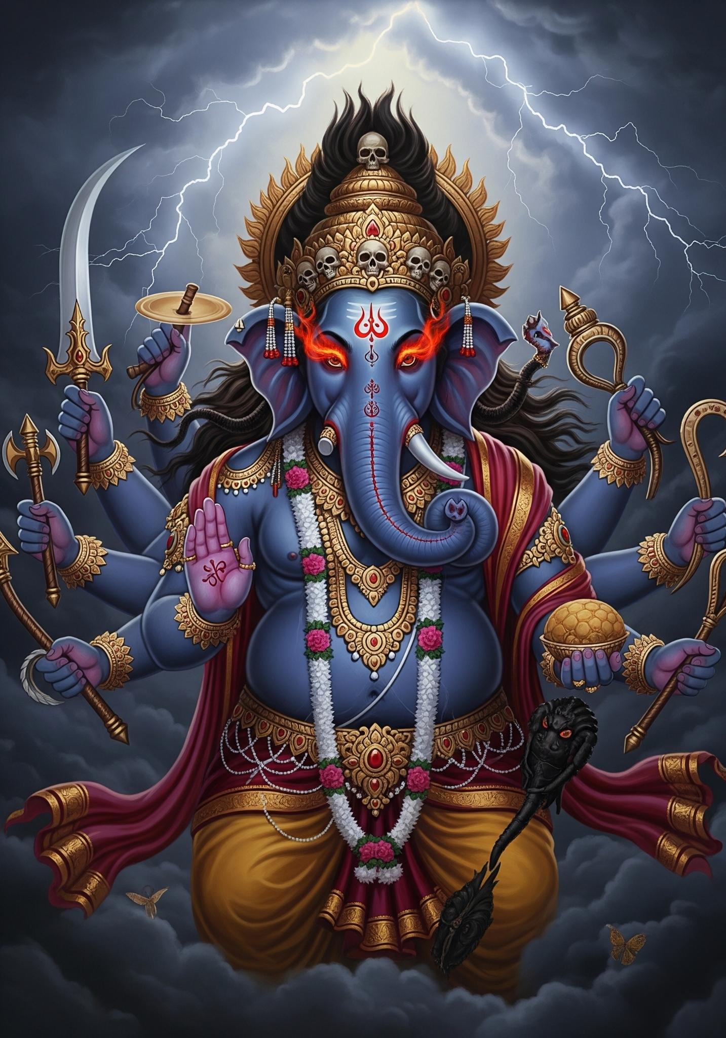 Fierce Multihand Lord Ganesha with Glowing Eyes and Weapons